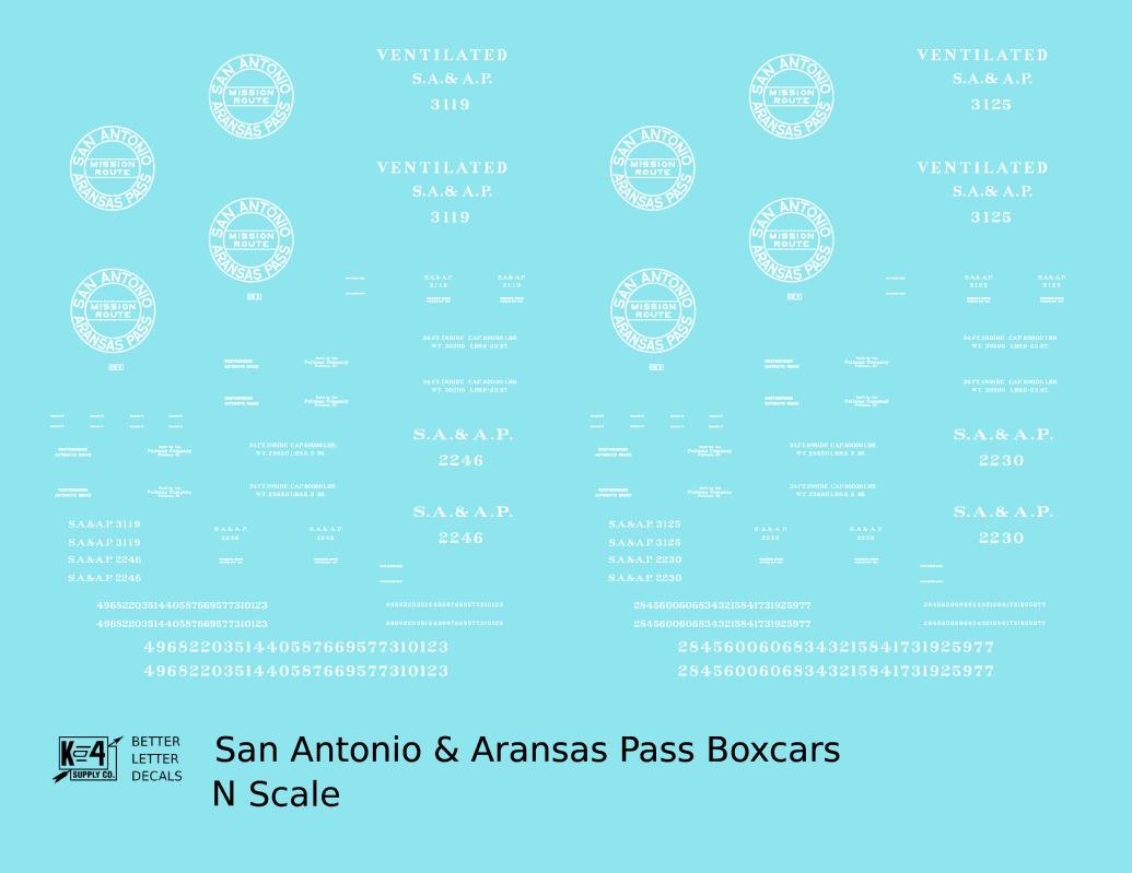 San Antonio and Aransas Pass 34 Ft Boxcars White Circle Herald - Decal - Choose Scale