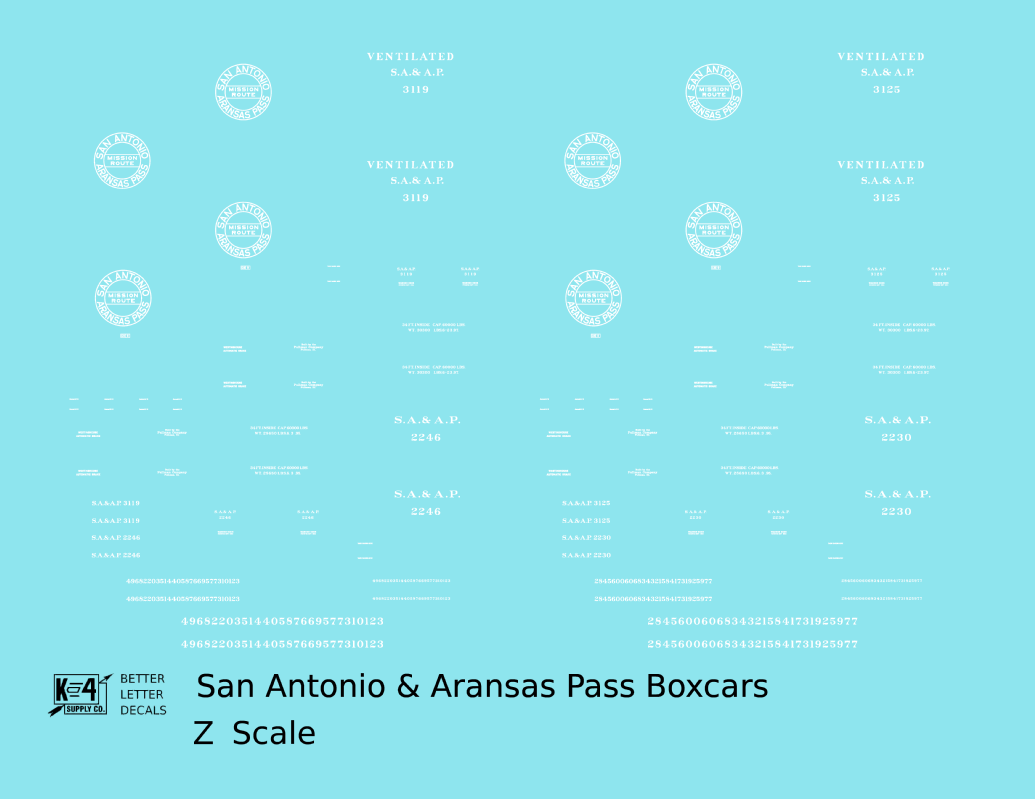 San Antonio and Aransas Pass 34 Ft Boxcars White Circle Herald - Decal - Choose Scale
