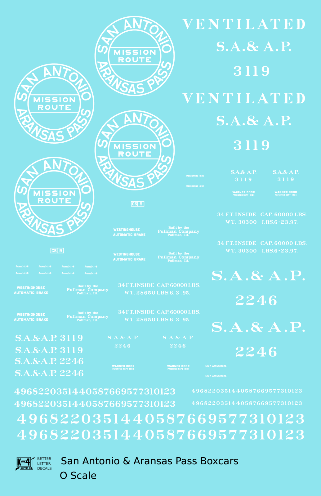 San Antonio and Aransas Pass 34 Ft Boxcars White Circle Herald - Decal Sheet