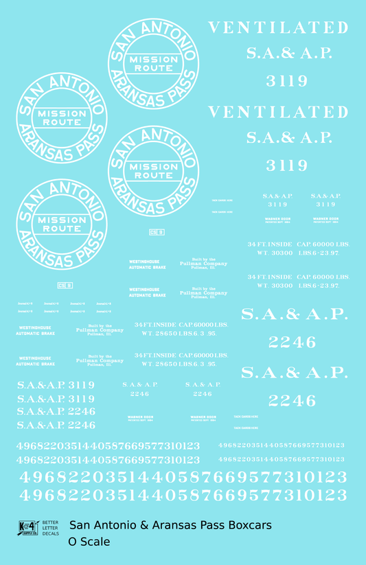 San Antonio and Aransas Pass 34 Ft Boxcars White Circle Herald - Decal Sheet
