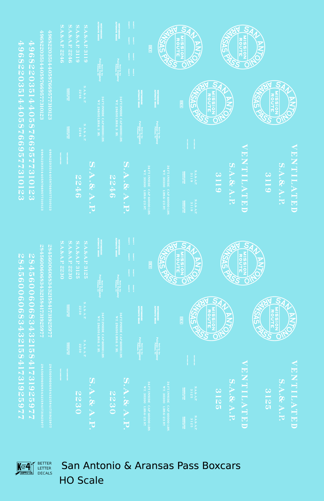 San Antonio and Aransas Pass 34 Ft Boxcars White Circle Herald - Decal - Choose Scale