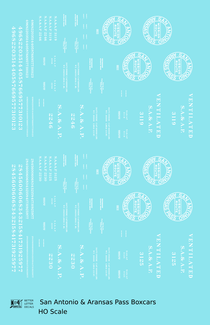 San Antonio and Aransas Pass 34 Ft Boxcars White Circle Herald - Decal - Choose Scale