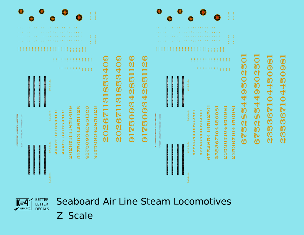 Seaboard Air Line Steam Locomotive Dulux Gold  - Decal - Choose Scale