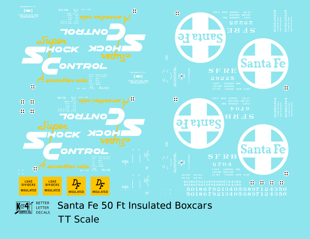 Santa Fe Rr-81, Rr-82 50 Ft Insulated Boxcars White and Yellow Shock Control