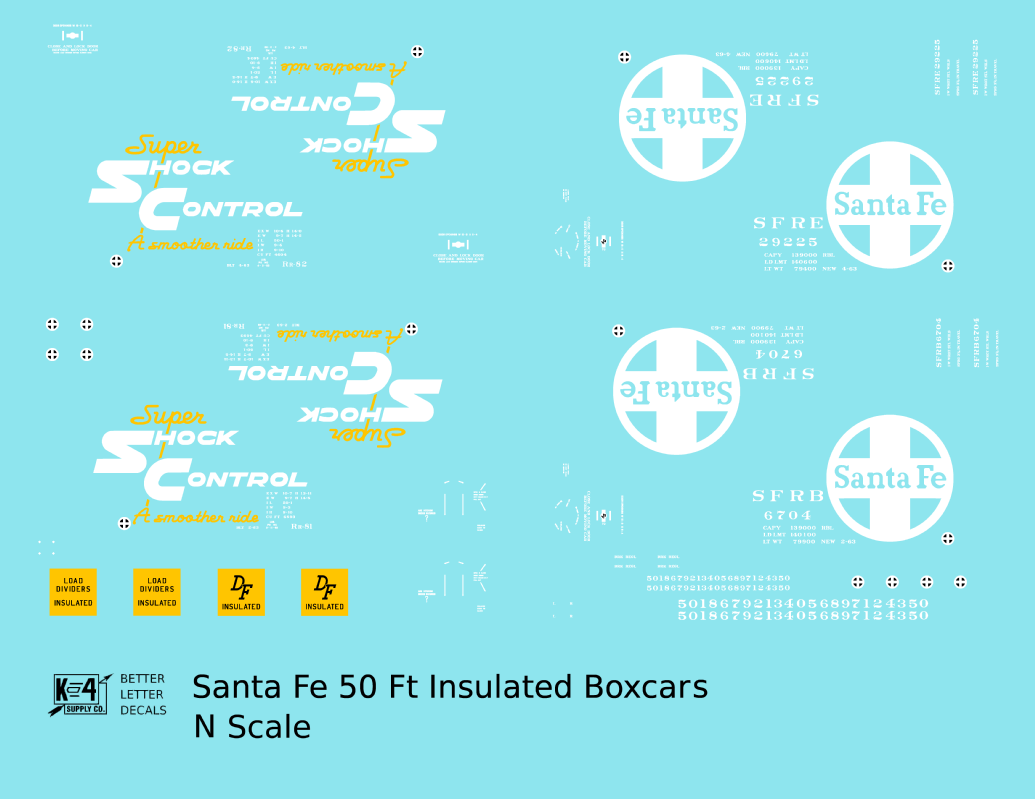 Santa Fe Rr-81, Rr-82 50 Ft Insulated Boxcars White and Yellow Shock Control