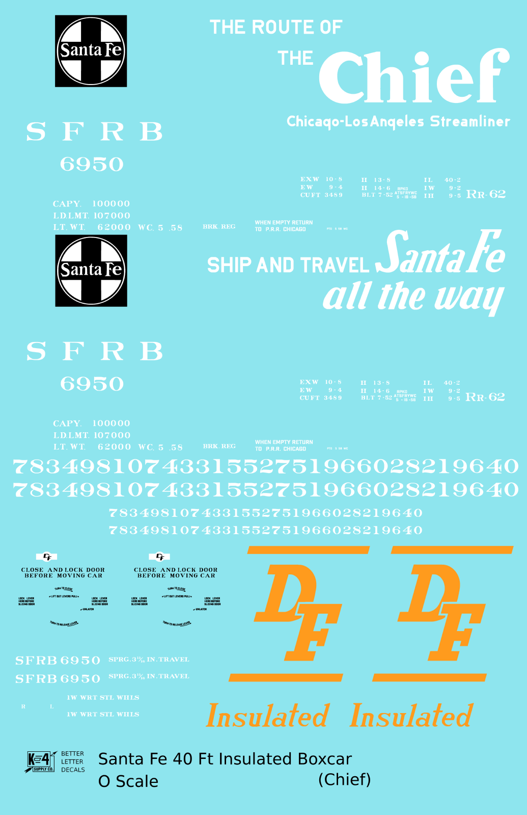 Santa Fe Reefer Despatch 40 Ft Insulated Boxcar White and Orange Chief - Decal Sheet