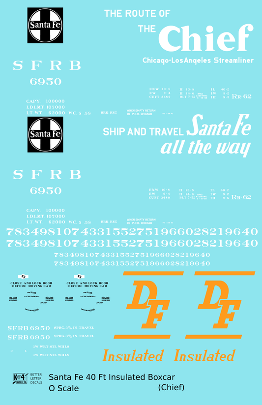 Santa Fe Reefer Despatch 40 Ft Insulated Boxcar White and Orange Chief - Decal Sheet