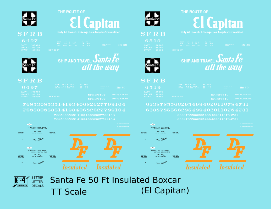 Santa Fe Reefer Despatch 50 Ft Insulated Boxcar White and Orange El Capitan - Decal - Choose Scale