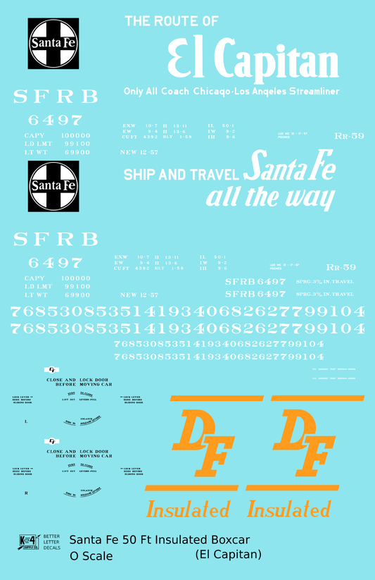 Santa Fe Reefer Despatch 50 Ft Insulated Boxcar White and Orange El Capitan - Decal Sheet