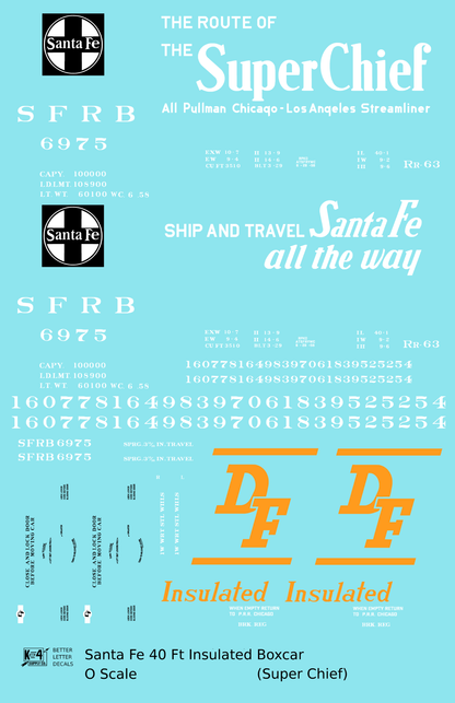 Santa Fe Reefer Despatch 40 Ft Insulated Boxcar White and Orange Super Chief - Decal - Choose Scale