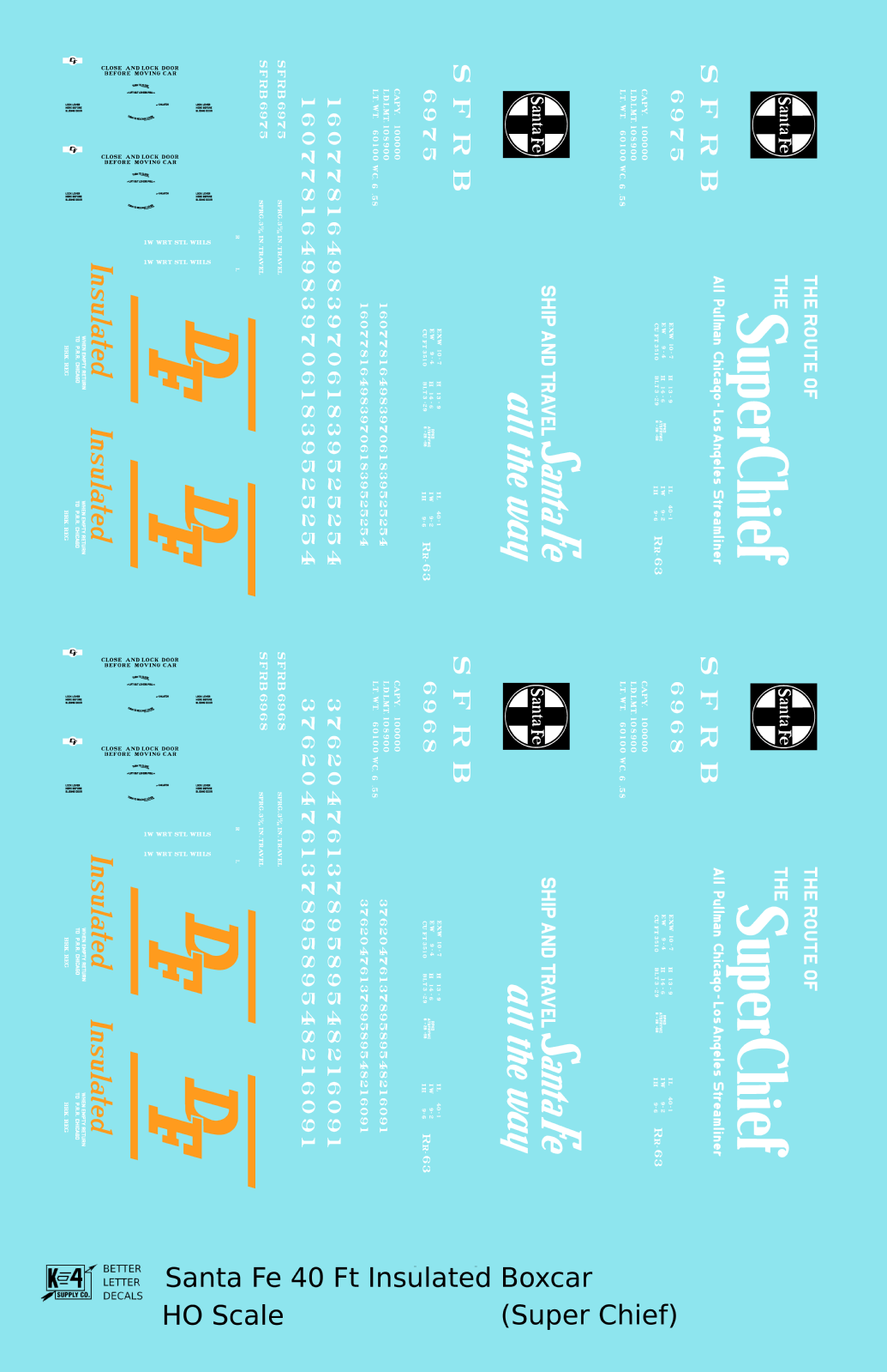 Santa Fe Reefer Despatch 40 Ft Insulated Boxcar White and Orange Super Chief - Decal - Choose Scale