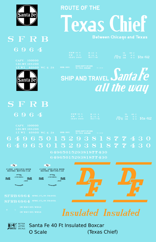 Santa Fe Reefer Despatch 40 Ft Insulated Boxcar White and Orange Texas Chief - Decal Sheet