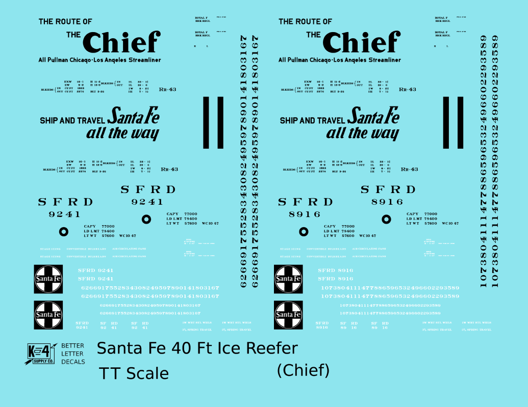 Santa Fe Reefer Despatch 40 Ft Ice Reefer Black Chief - Decal - Choose Scale