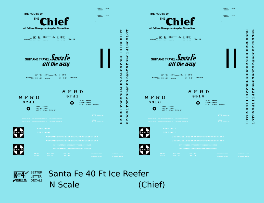 Santa Fe Reefer Despatch 40 Ft Ice Reefer Black Chief - Decal - Choose Scale