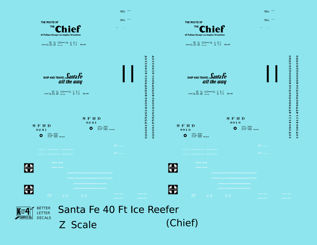 Santa Fe Reefer Despatch 40 Ft Ice Reefer Black Chief - Decal - Choose Scale
