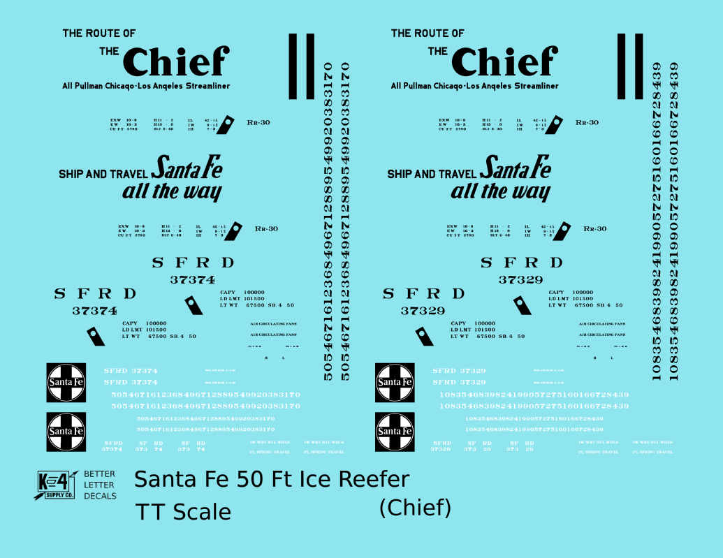 Santa Fe Reefer Despatch 50 Ft Ice Reefer Black Chief - Decal - Choose Scale