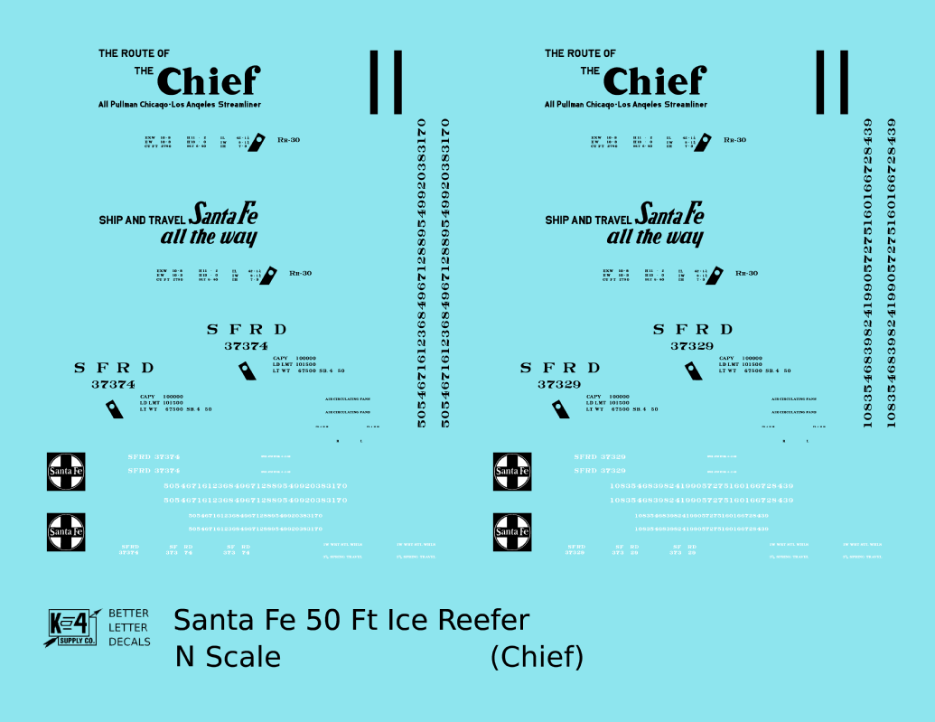 Santa Fe Reefer Despatch 50 Ft Ice Reefer Black Chief - Decal - Choose Scale