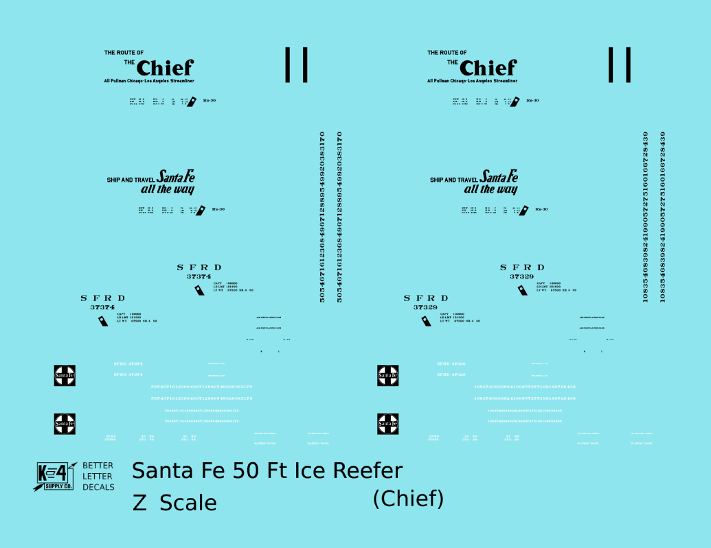 Santa Fe Reefer Despatch 50 Ft Ice Reefer Black Chief - Decal - Choose Scale