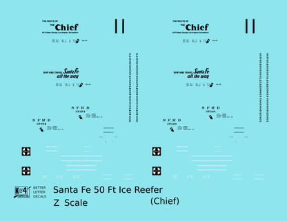 Santa Fe Reefer Despatch 50 Ft Ice Reefer Black Chief - Decal - Choose Scale