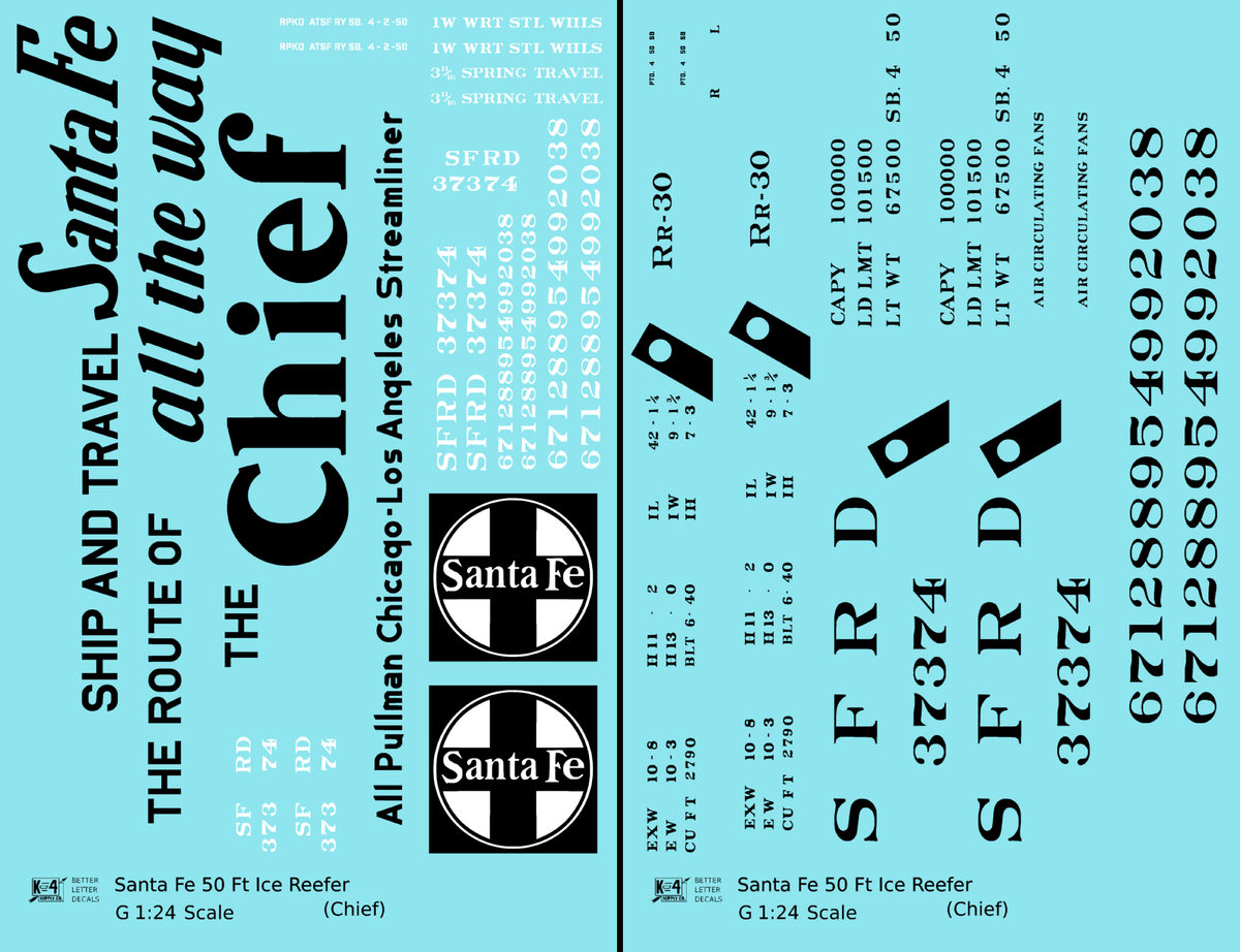Santa Fe Reefer Despatch 50 Ft Ice Reefer Black Chief - Decal - Choose Scale