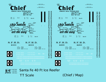 Santa Fe Reefer Despatch 40 Ft Ice Reefer Black Chief/Map - Decal - Choose Scale