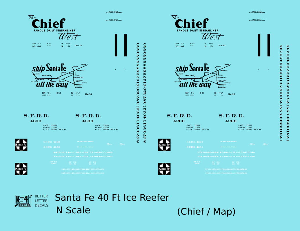Santa Fe Reefer Despatch 40 Ft Ice Reefer Black Chief/Map - Decal - Choose Scale