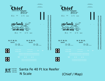 Santa Fe Reefer Despatch 40 Ft Ice Reefer Black Chief/Map - Decal - Choose Scale