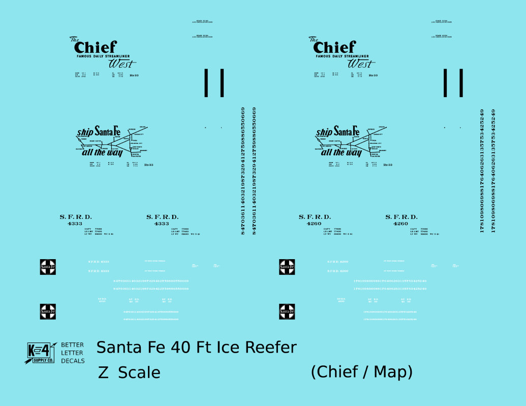 Santa Fe Reefer Despatch 40 Ft Ice Reefer Black Chief/Map - Decal - Choose Scale