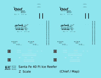 Santa Fe Reefer Despatch 40 Ft Ice Reefer Black Chief/Map - Decal - Choose Scale