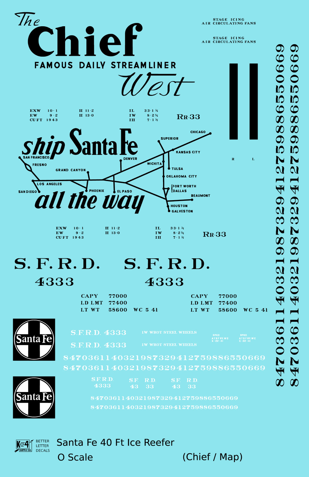 Santa Fe Reefer Despatch 40 Ft Ice Reefer Black Chief/Map - Decal - Choose Scale
