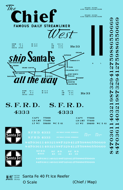 Santa Fe Reefer Despatch 40 Ft Ice Reefer Black Chief/Map - Decal - Choose Scale