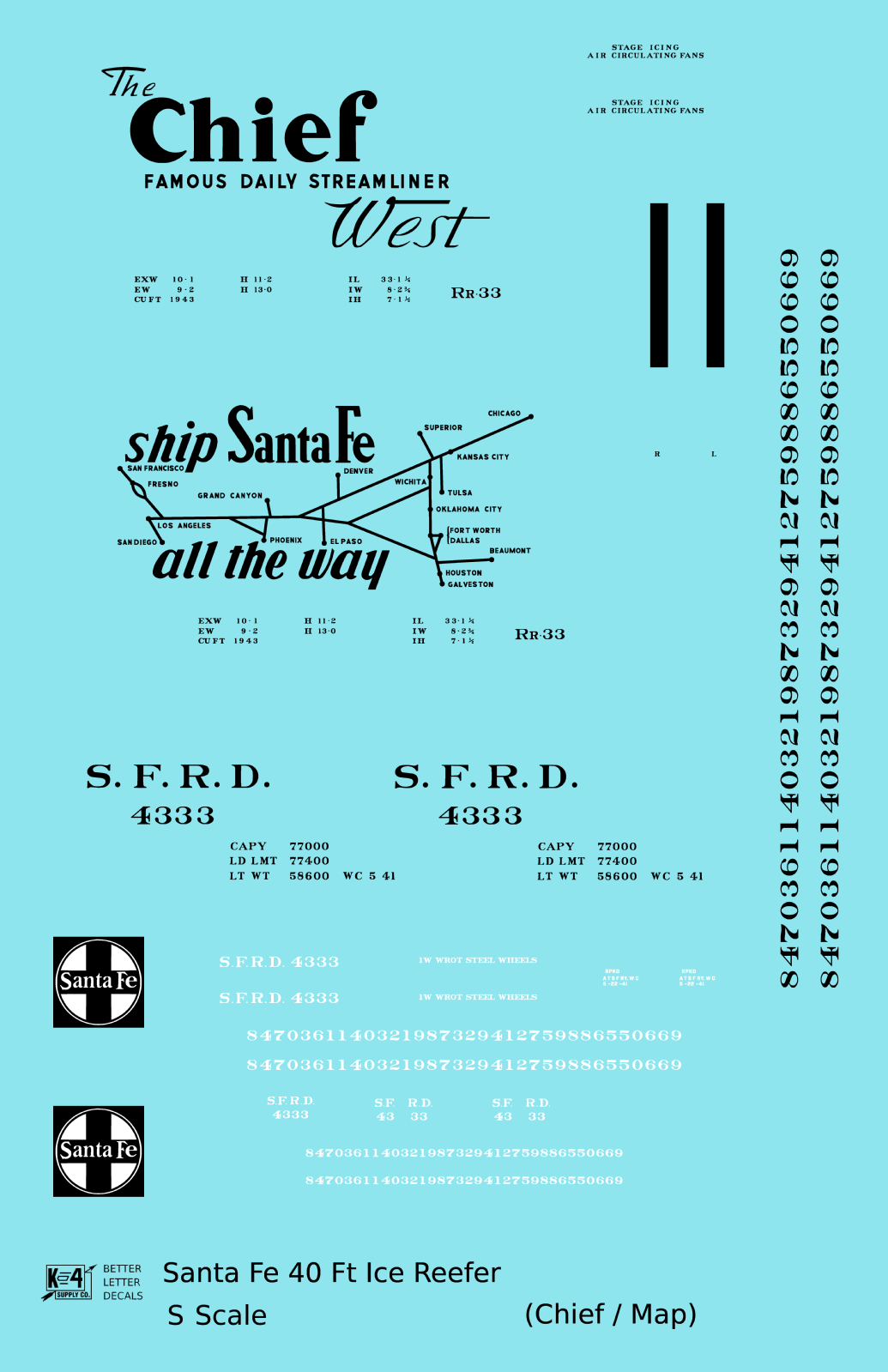 Santa Fe Reefer Despatch 40 Ft Ice Reefer Black Chief/Map - Decal - Choose Scale
