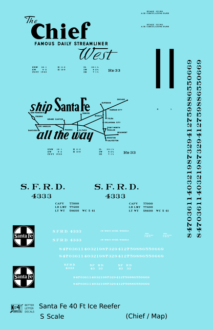 Santa Fe Reefer Despatch 40 Ft Ice Reefer Black Chief/Map - Decal - Choose Scale
