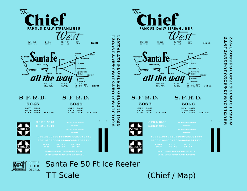 Santa Fe Reefer Despatch 50 Ft Ice Reefer Black Chief/Map - Decal - Choose Scale