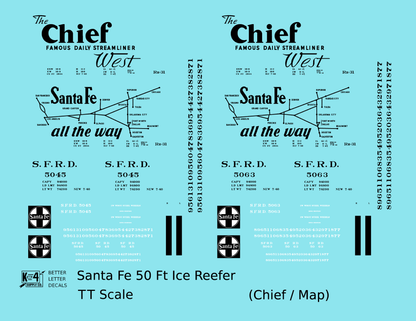 Santa Fe Reefer Despatch 50 Ft Ice Reefer Black Chief/Map - Decal - Choose Scale