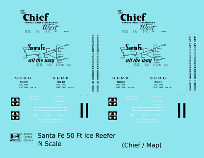 Santa Fe Reefer Despatch 50 Ft Ice Reefer Black Chief/Map - Decal - Choose Scale