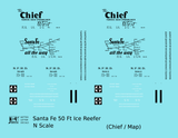 Santa Fe Reefer Despatch 50 Ft Ice Reefer Black Chief/Map - Decal - Choose Scale