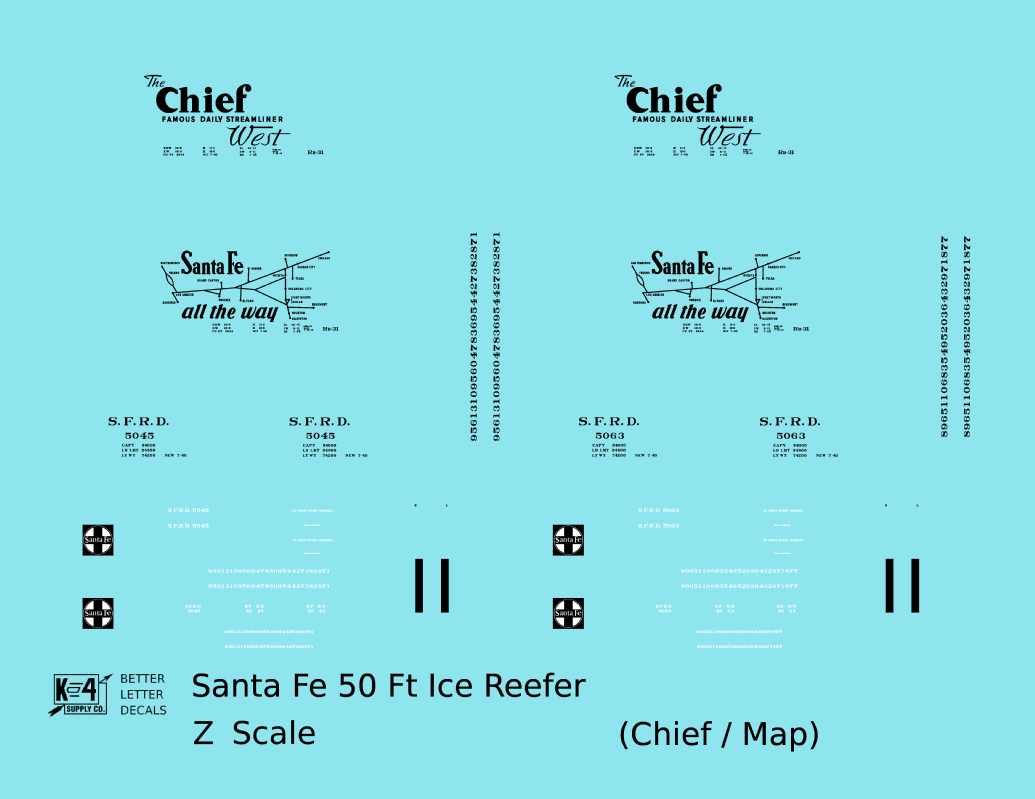 Santa Fe Reefer Despatch 50 Ft Ice Reefer Black Chief/Map - Decal - Choose Scale