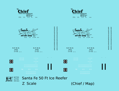 Santa Fe Reefer Despatch 50 Ft Ice Reefer Black Chief/Map - Decal - Choose Scale