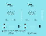 Santa Fe Reefer Despatch 50 Ft Ice Reefer Black Chief/Map - Decal - Choose Scale
