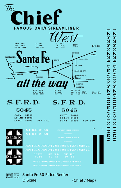 Santa Fe Reefer Despatch 50 Ft Ice Reefer Black Chief/Map - Decal Sheet