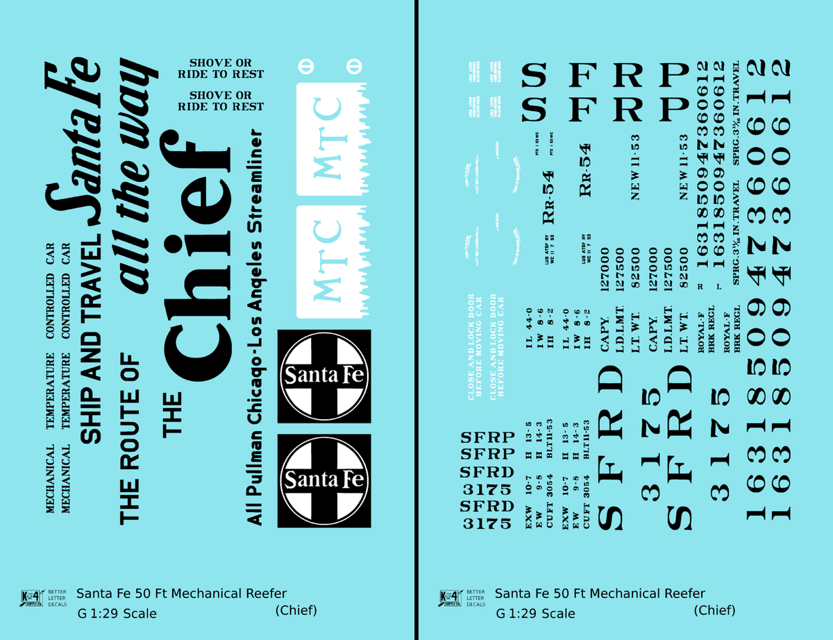 Santa Fe Reefer Despatch 50 Ft Mechanical Reefer Black Chief MTC - Decal - Choose Scale