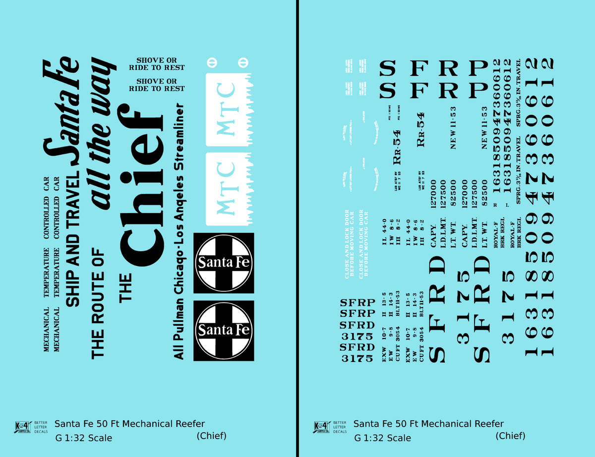Santa Fe Reefer Despatch 50 Ft Mechanical Reefer Black Chief MTC - Decal - Choose Scale
