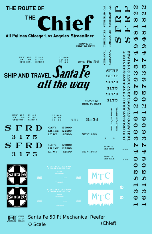 Santa Fe Reefer Despatch 50 Ft Mechanical Reefer Black Chief MTC - Decal Sheet