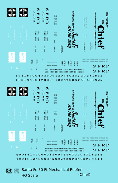 Santa Fe Reefer Despatch 50 Ft Mechanical Reefer Black Chief MTC - Decal - Choose Scale
