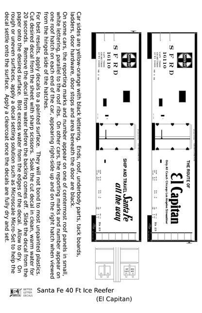 Santa Fe Reefer Despatch 40 Ft Ice Reefer Black El Capitan - Decal