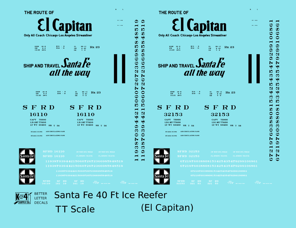 Santa Fe Reefer Despatch 40 Ft Ice Reefer Black El Capitan - Decal - Choose Scale