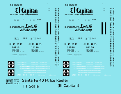 Santa Fe Reefer Despatch 40 Ft Ice Reefer Black El Capitan - Decal - Choose Scale