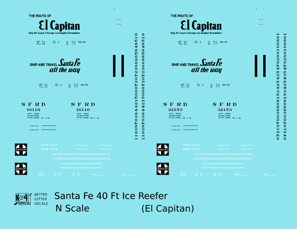Santa Fe Reefer Despatch 40 Ft Ice Reefer Black El Capitan - Decal - Choose Scale