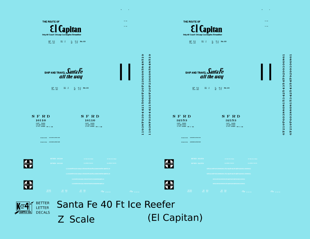 Santa Fe Reefer Despatch 40 Ft Ice Reefer Black El Capitan - Decal - Choose Scale